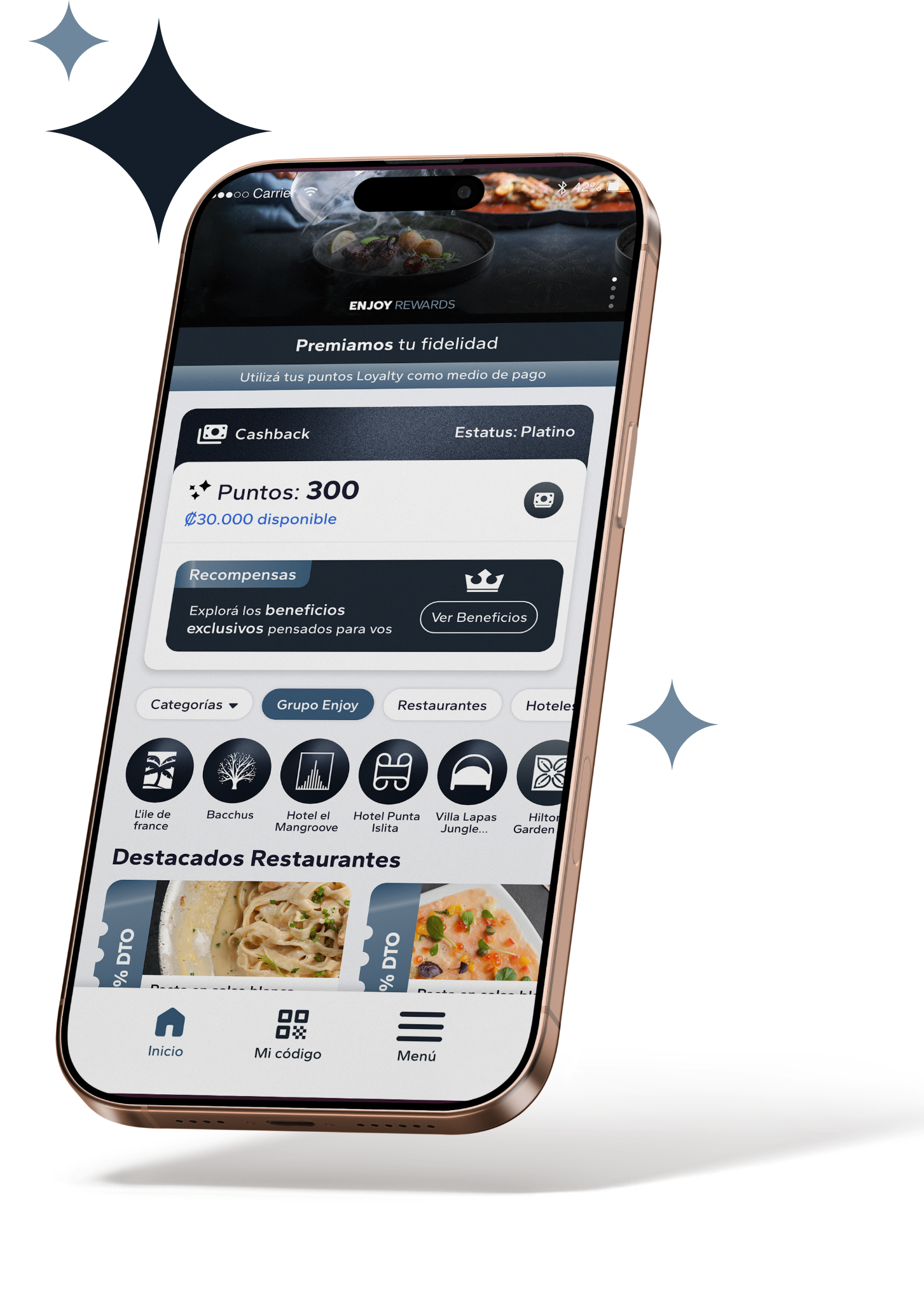 Mockup de la app Enjoy Rewards
